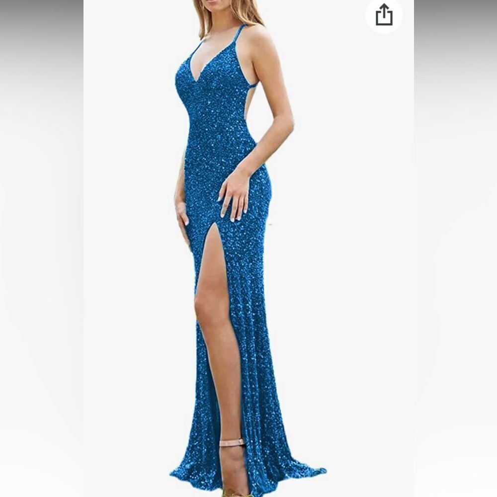 RYANTH Spaghetti Straps Sequin Dress VNeck Formal Evening Dresses Sliver blue 6